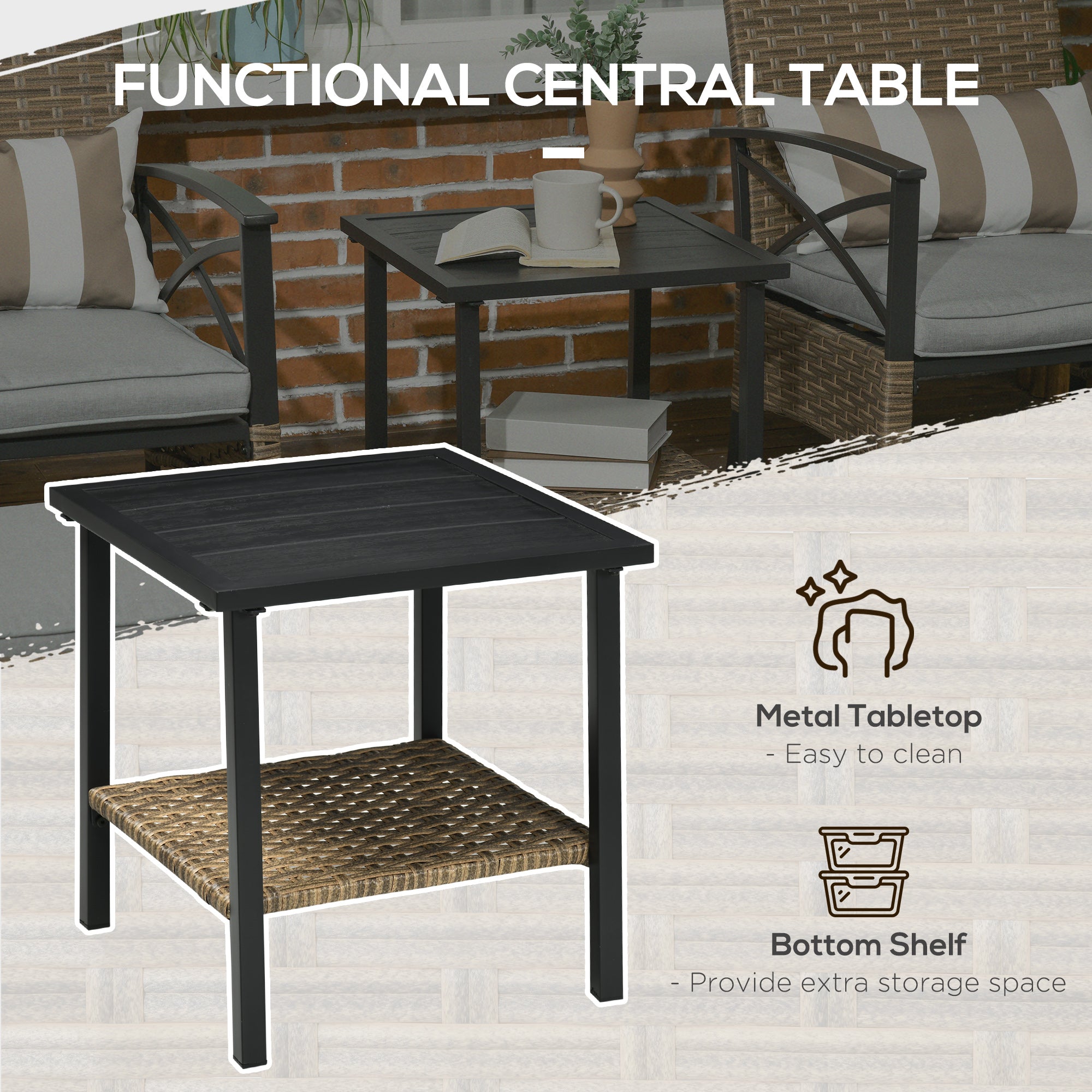 Outsunny Garden Furniture Set 5PC Rattan with Armchairs Stools & Steel Tabletop Khaki