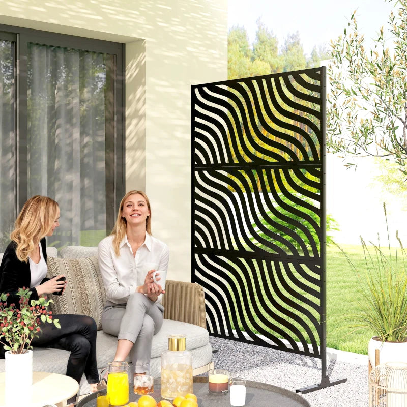 Metal Outdoor Privacy Screen, Freestanding Outdoor Divider with Stand, 78" x 48", Black