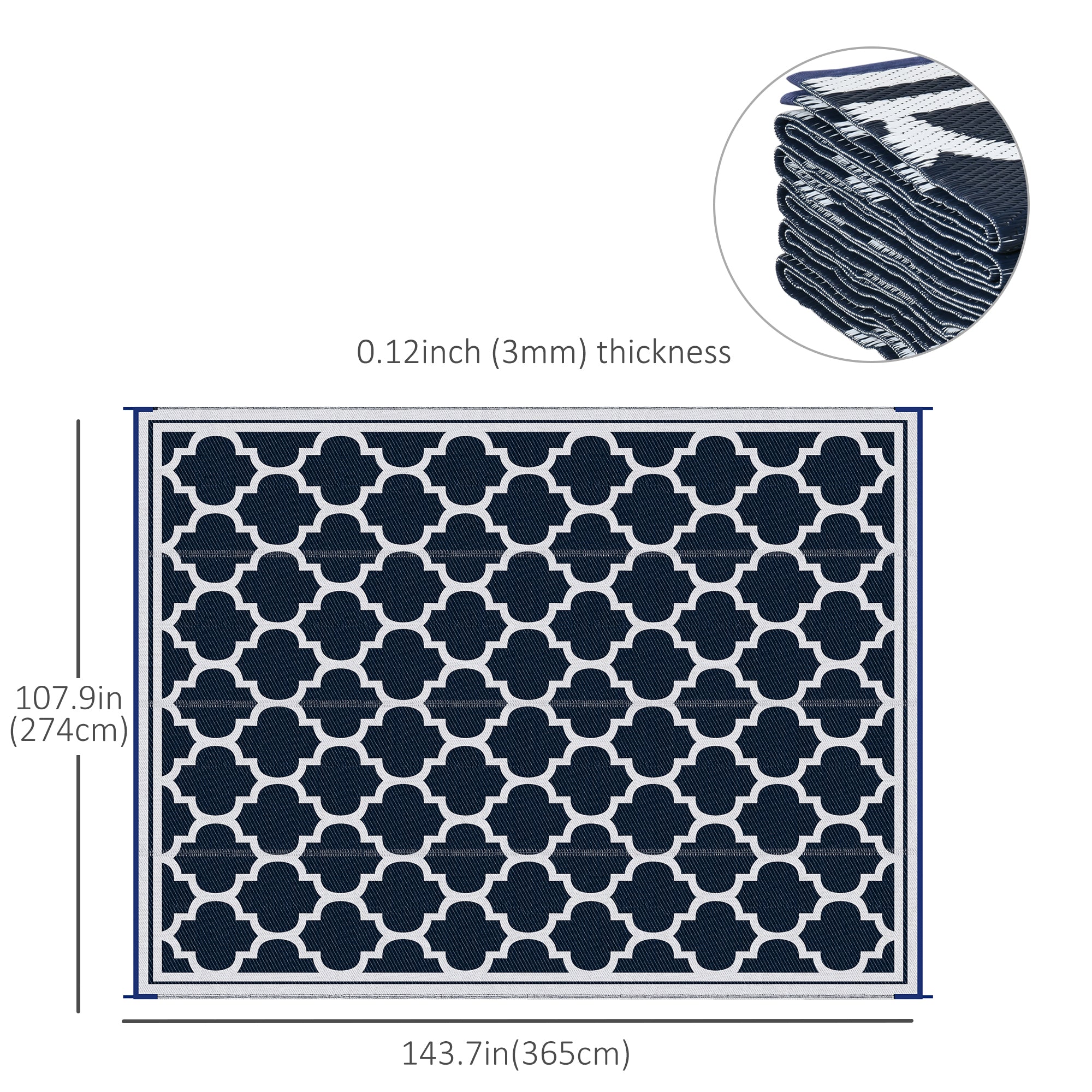 Outsunny 9'x12' Reversible RV Outdoor Rug in Dark Blue - High-Quality Patio Floor Mat for Camping, Beach & Deck