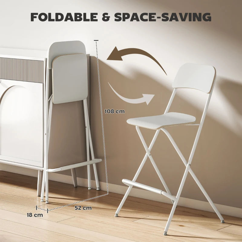 Folding Bar Stools Set of 2, Counter Height Foldable Stool with Wooden Effect Seat and Steel Frame for Kitchen, White