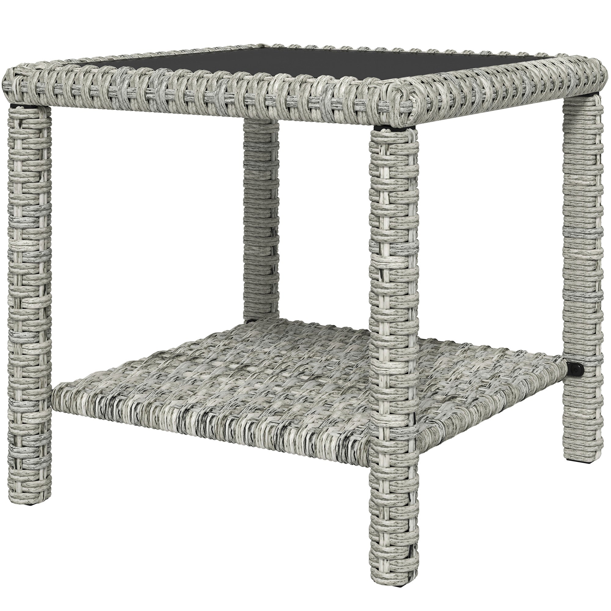 Outsunny 19" Outdoor Wicker Coffee Table with Glass Top, Storage Shelf for Garden Porch Balcony Deck, Dark Grey