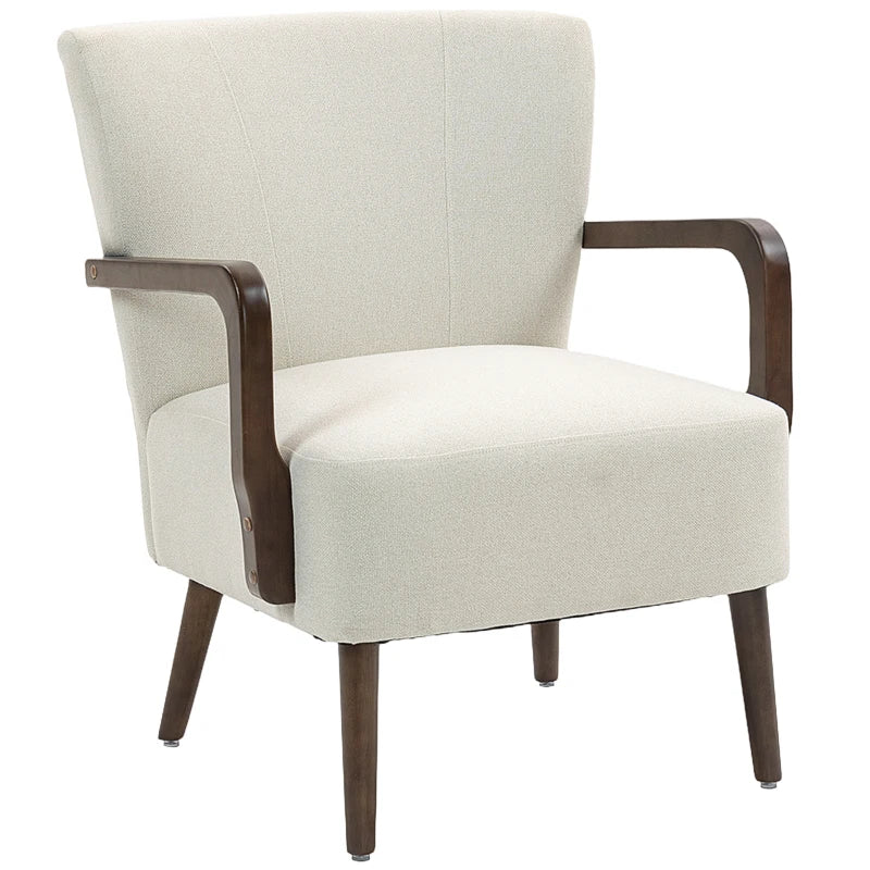 Accent Chair with Wooden Legs, Linen Fabric Armchair with Thick Padding, Comfy Chair for Living Room, Cream White