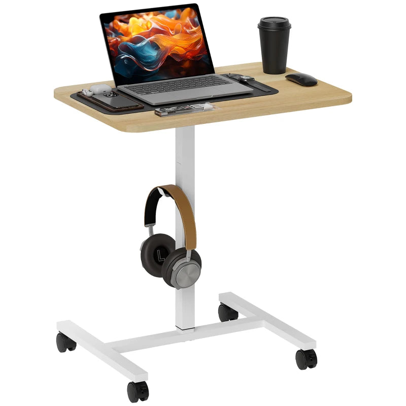 Height Adjustable Standing Desk, Pneumatic Sit Stand Desk with Wheels and Headphone Hook, Natural Wood Grain