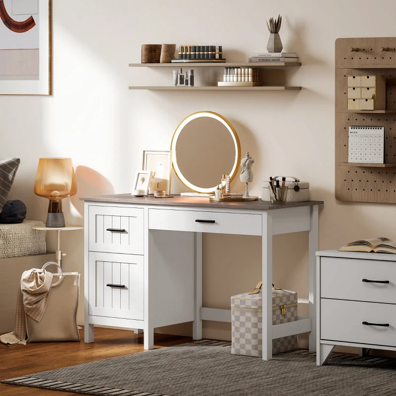 Computer Desk with 3 Drawers, Farmhouse Home Office Desk with File Drawer and Wood Grain Top for Small Spaces, White