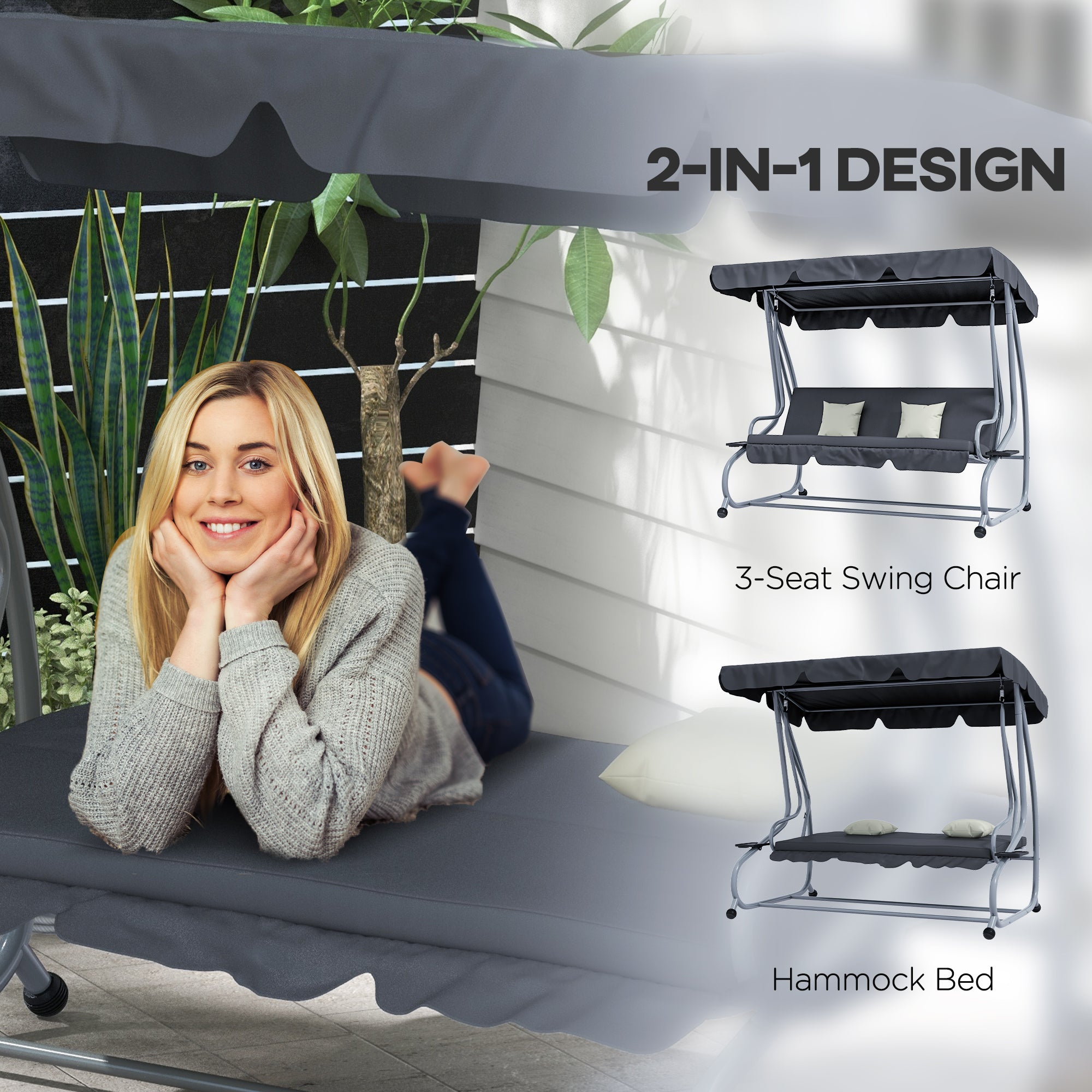 Outsunny Patio Swing Chair 3-Seat Outdoor with Convertible Flat Bed Adjustable Canopy Cushions Cup Holder Dark Grey