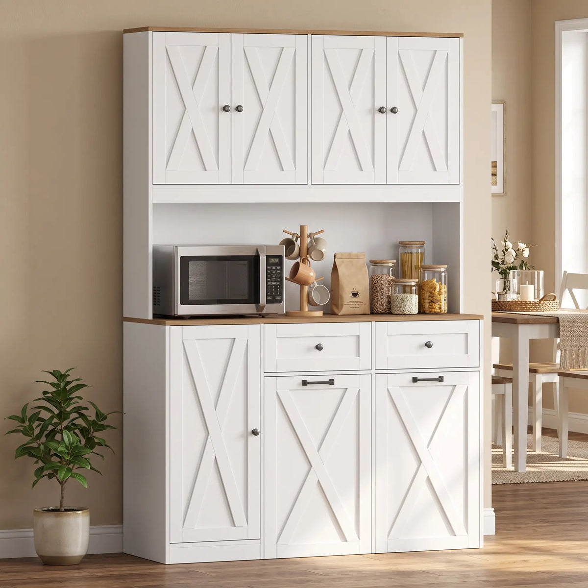 71" Farmhouse Pantry Cabinet with Double Pull-Out Trash Bins and Charging Station – White and Brown
