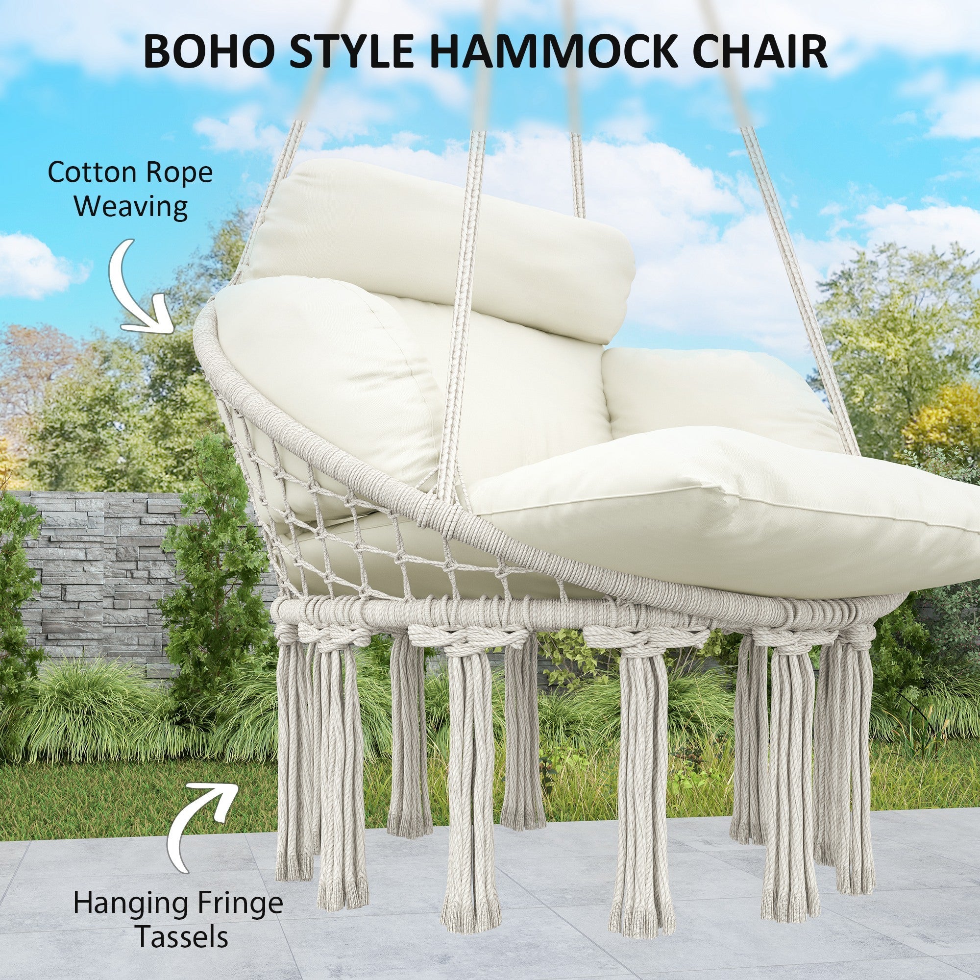 Outsunny Boho Hammock Chair Swing Hanging Chair with Cushion, Chain, Steel Frame for Indoor Outdoor Bedroom Patio Balcony, Cream