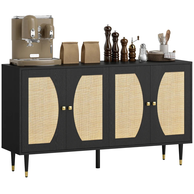55" Sideboard Buffet Cabinet, Boho Storage Cabinet with Adjustable Shelves, Soft Close Doors and Rattan Front, Black