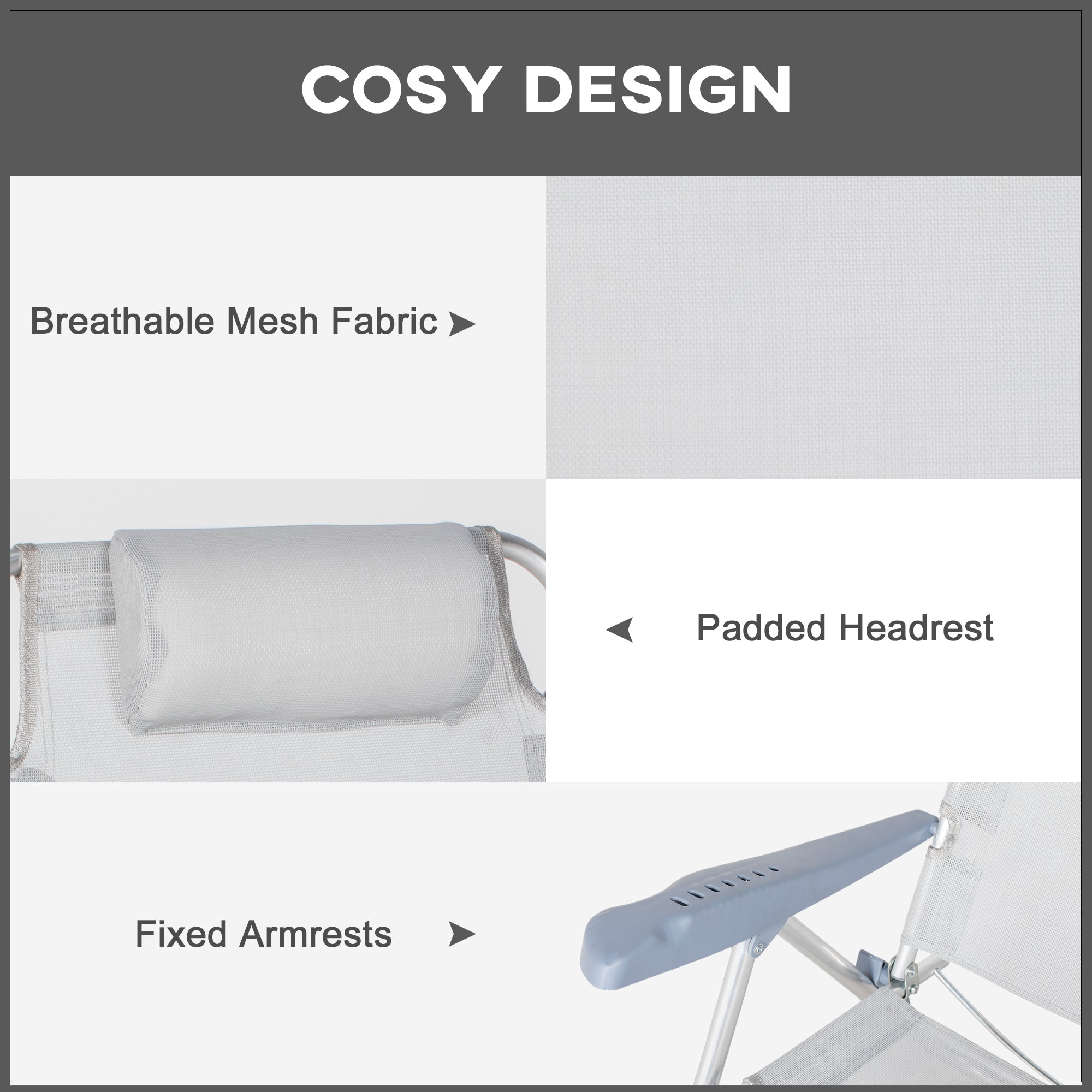 Outsunny Set of 2 Fishing Chairs, Camping Chairs with Adjustable Backrest and Headrest, Folding Chair for Outdoor, Light Grey