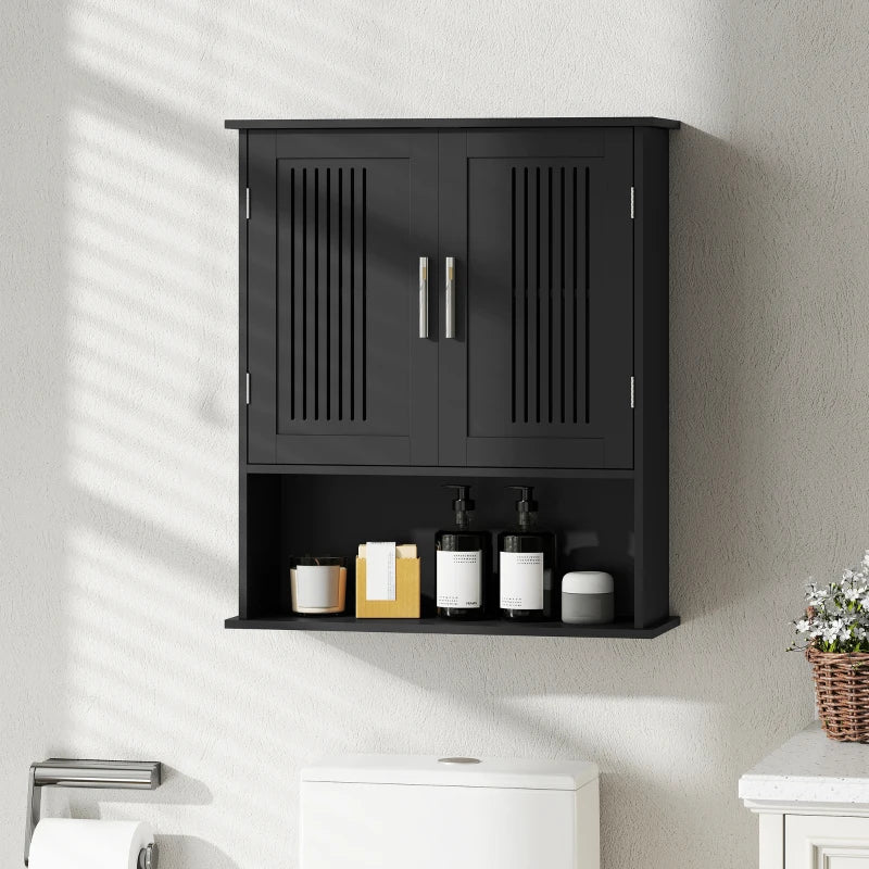 Modern Wall Mount Bathroom Cabinet, Storage Organizer with 2 Door Cabinet and Shelf, Black