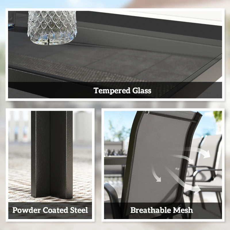 9 Pieces Patio Set with Stackable Chairs, Patio Dining Set with Glass Top for Garden, Patio, Backyard, Dark Grey