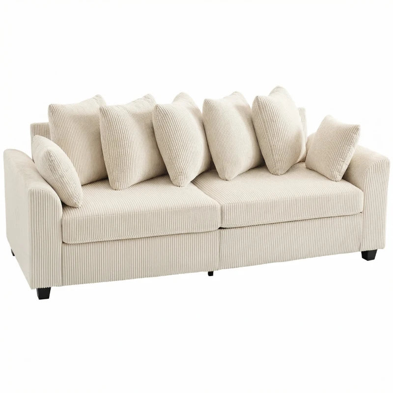 Corduroy Couch, 3 Seater Sofa, Modern Upholstered Couch with Curved Armrests and 8 Removable Pillows, Beige