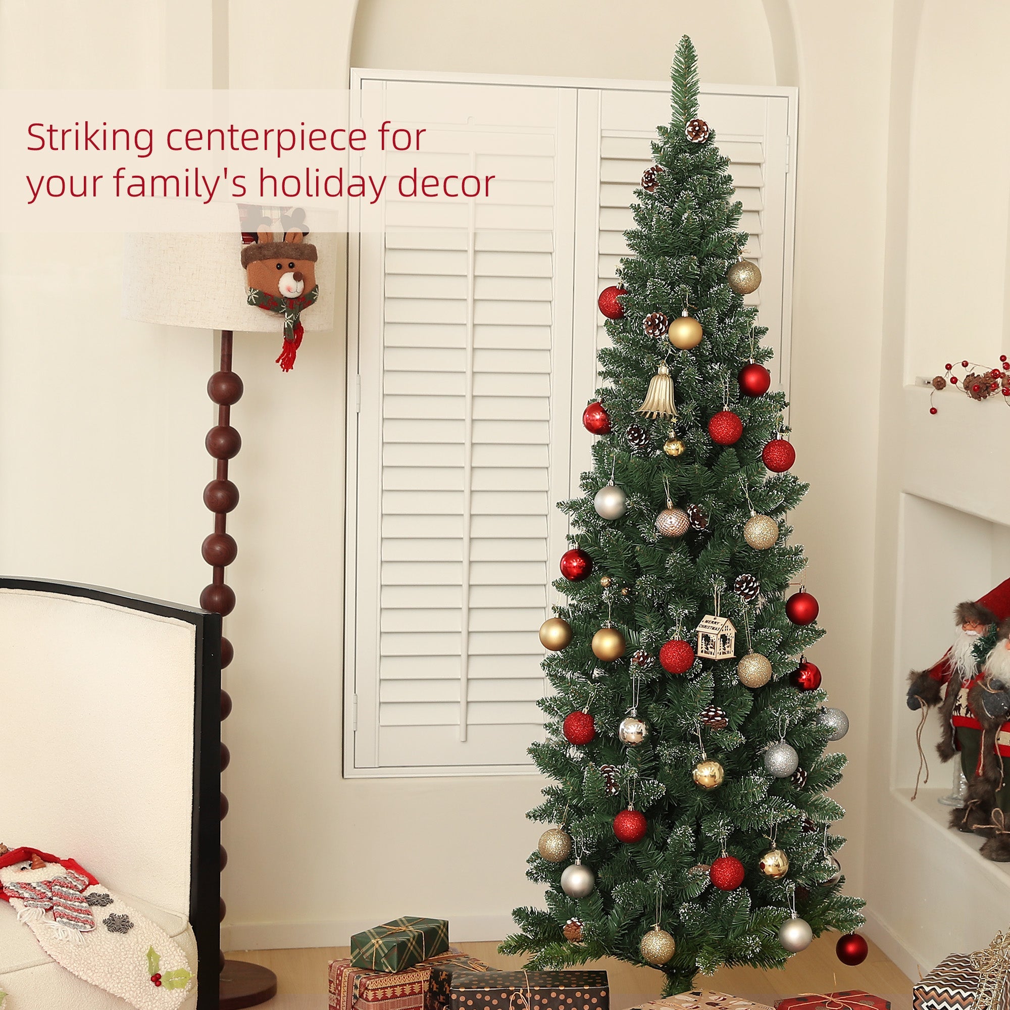 HOMCOM 6ft Artificial Pencil Christmas Tree with 618 Branches, Pinecones, Metal Stand, Realistic Xmas Tree for Home