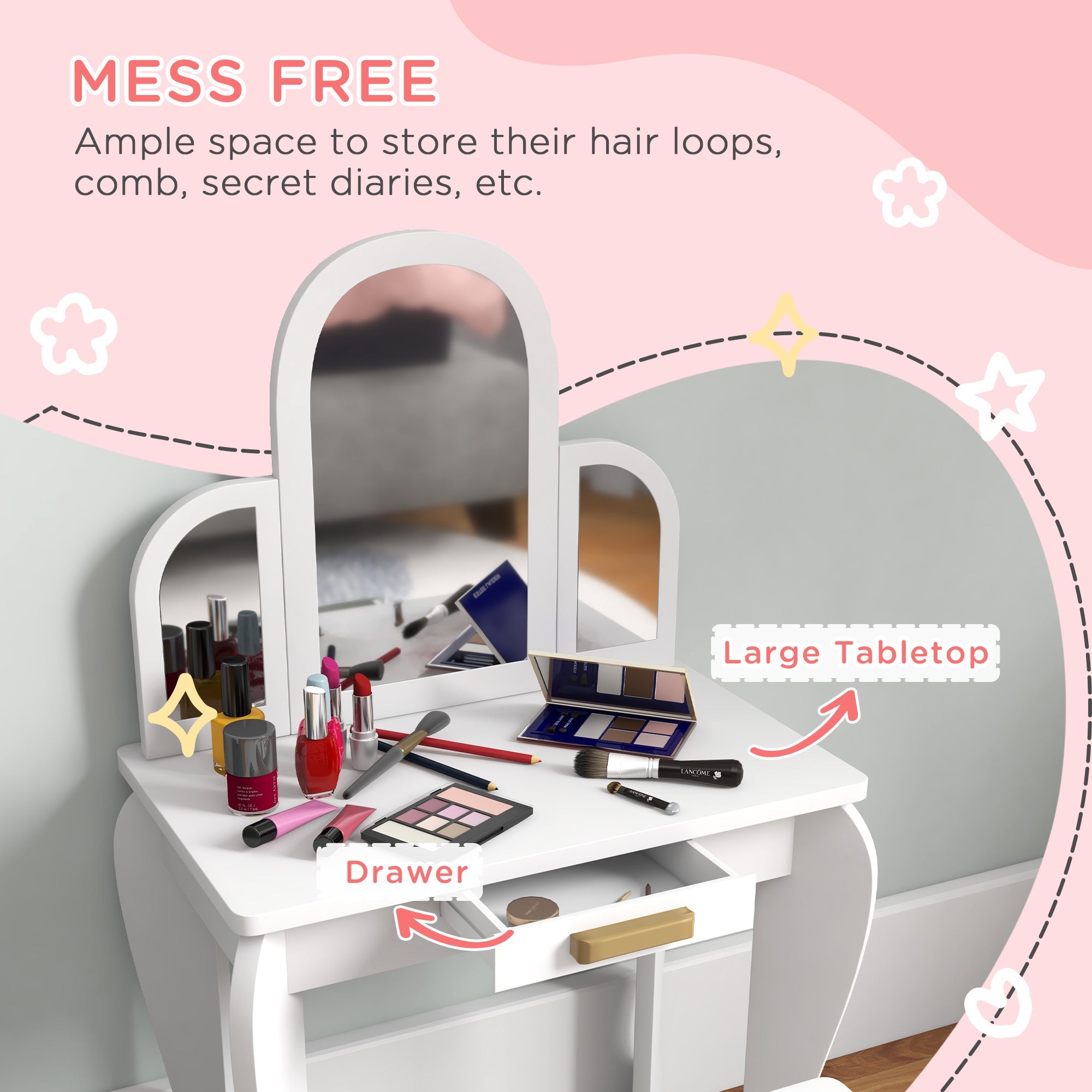 Qaba Kids Dressing Table and Chair Set, Girls Dressing Set, Makeup Desk with Drawer for 3-6 Years Old Kids, White
