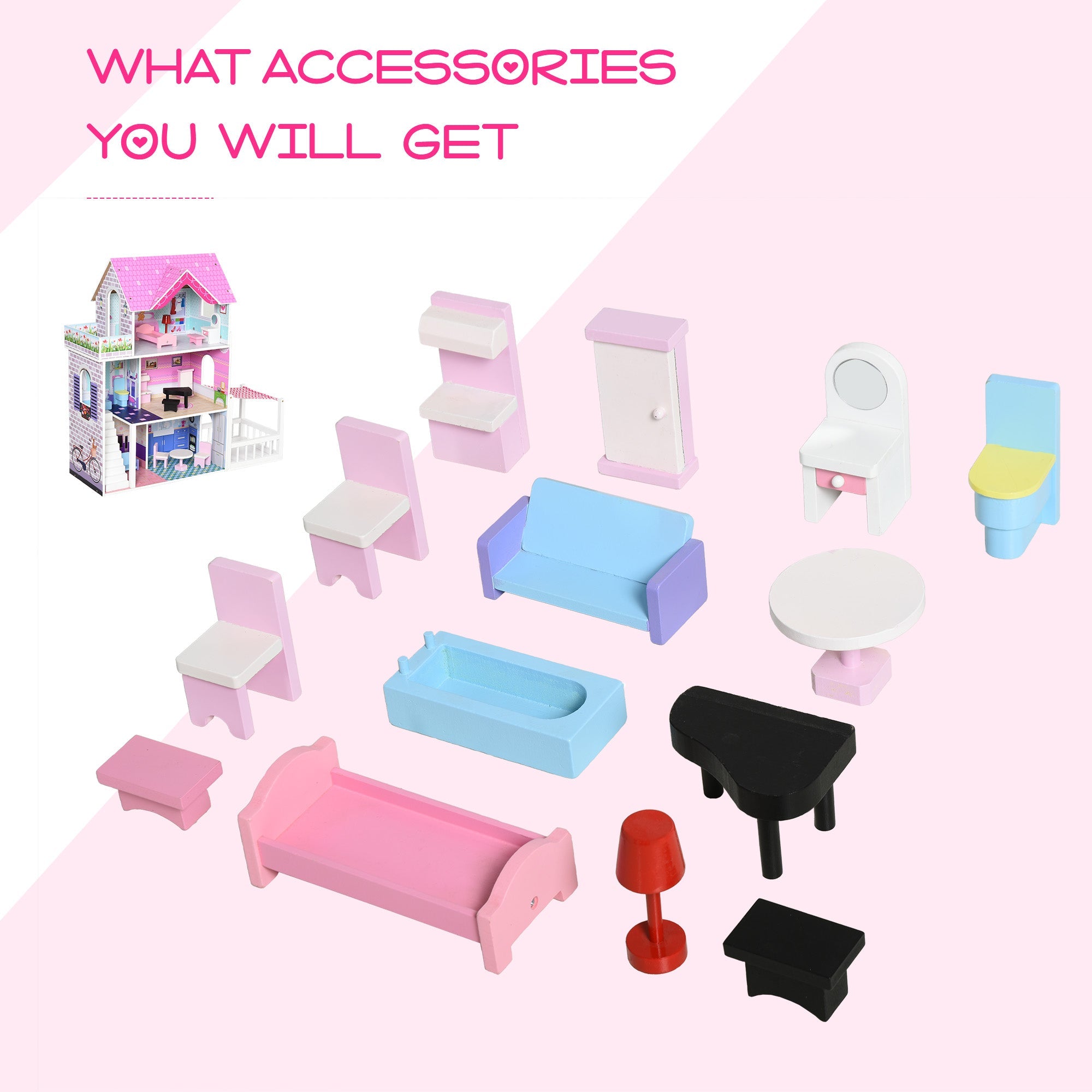 Qaba Kids Wooden Dollhouse Dreamhouse Villa w/ Patio Dollhouse w/ Furniture Accessories Kit for Toddler Multi-level House Pink