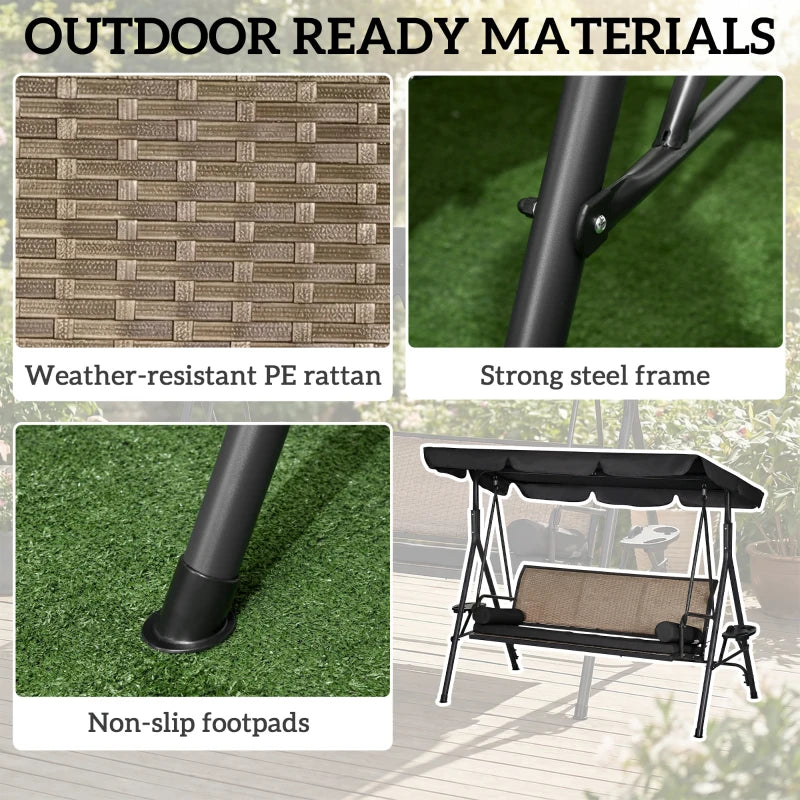 Outdoor 3-Seat Porch Swing with Canopy, Rattan Seat, Removable Cushion, Pillows and Steel Frame