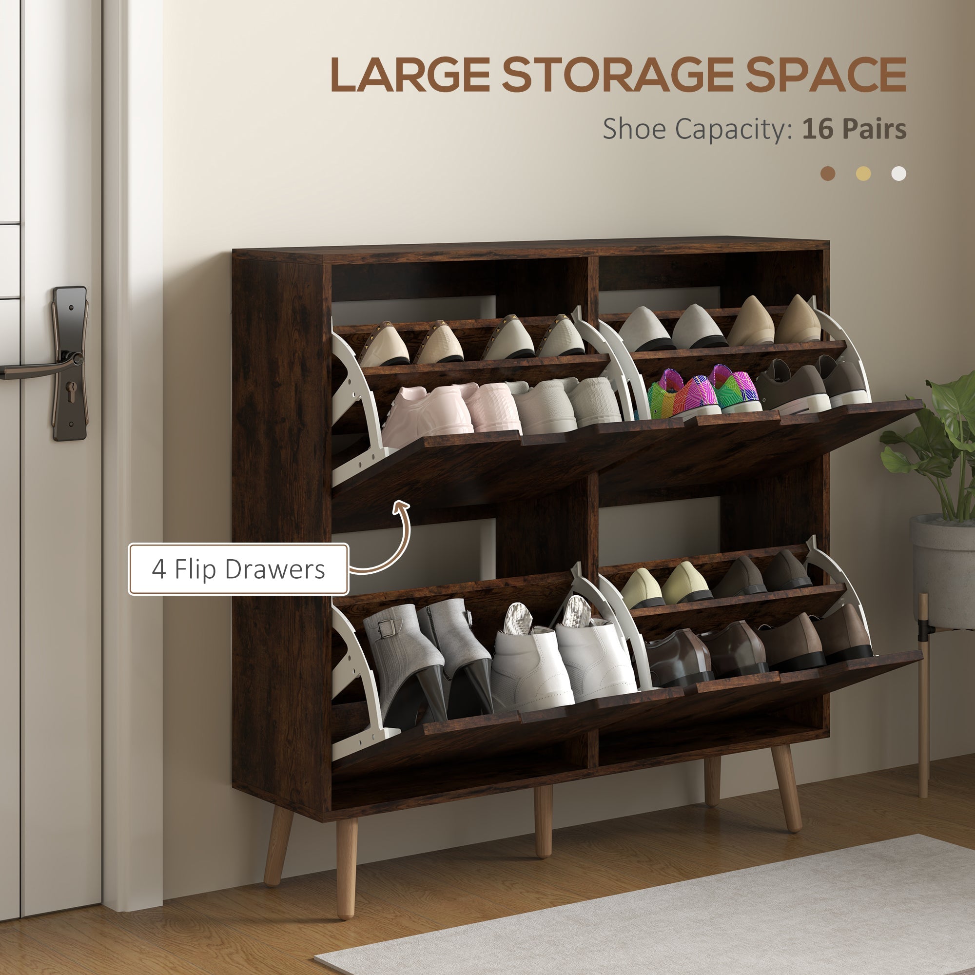 HOMCOM Shoe Storage Cabinet with 4 Flip Drawers and Adjustable Shelf, Shoe Cabinet for 16 Pairs of Shoes, Rustic Brown