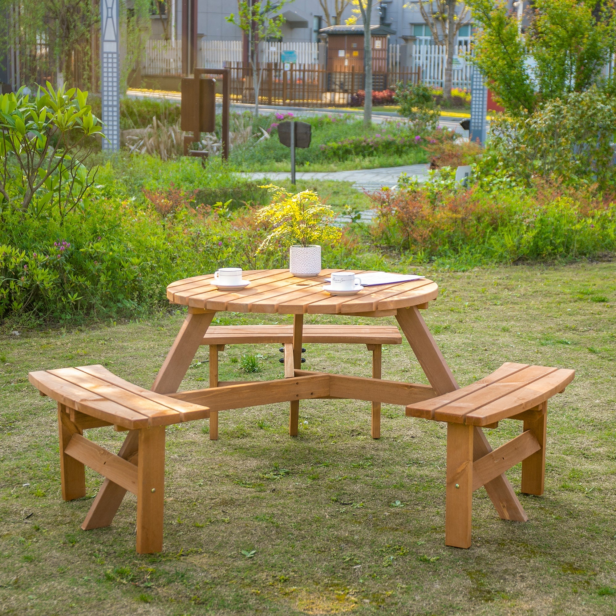 Outsunny Wood Patio 6 Person Round Picnic Table Bench Set with Umbrella Hole for Backyard Brown