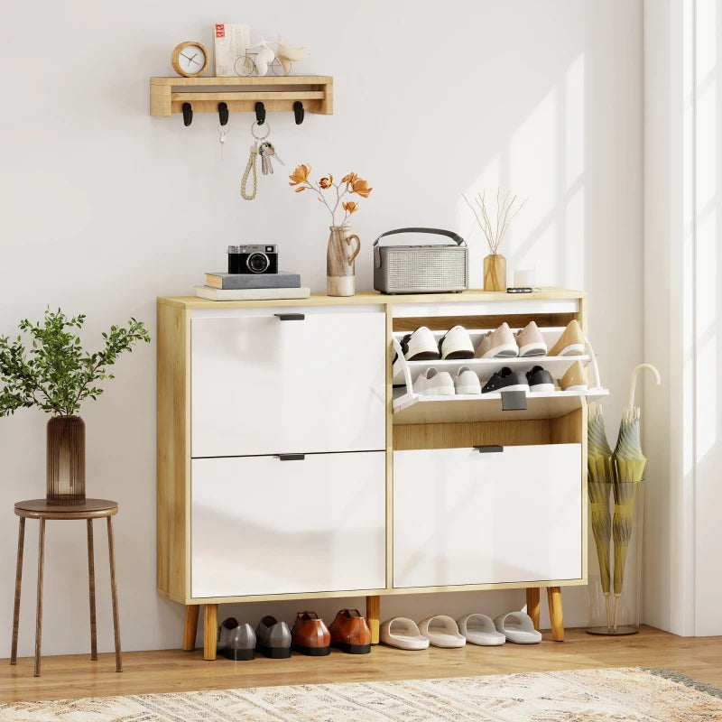 Narrow Shoe Cabinet, High Gloss Shoe Storage Cabinet with 4 Flip Drawers and Adjustable Shelves, Holds 20 Pairs, White