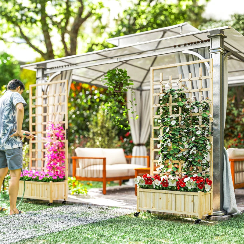 Wooden Planter with Trellis, Raised Garden Bed with Wheels, Drainage Holes for Climbing Plants, Flowers, Nature Wood