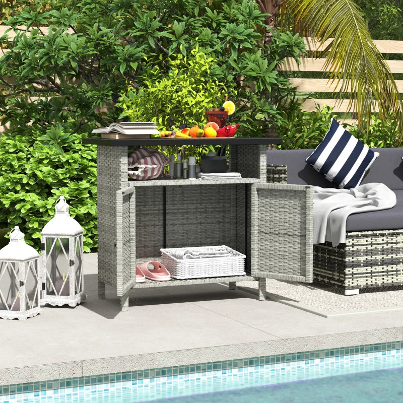 Wicker Outdoor Storage Cabinet with Two Doors and Shelf for Outdoor Pool Towel Storage, Grey