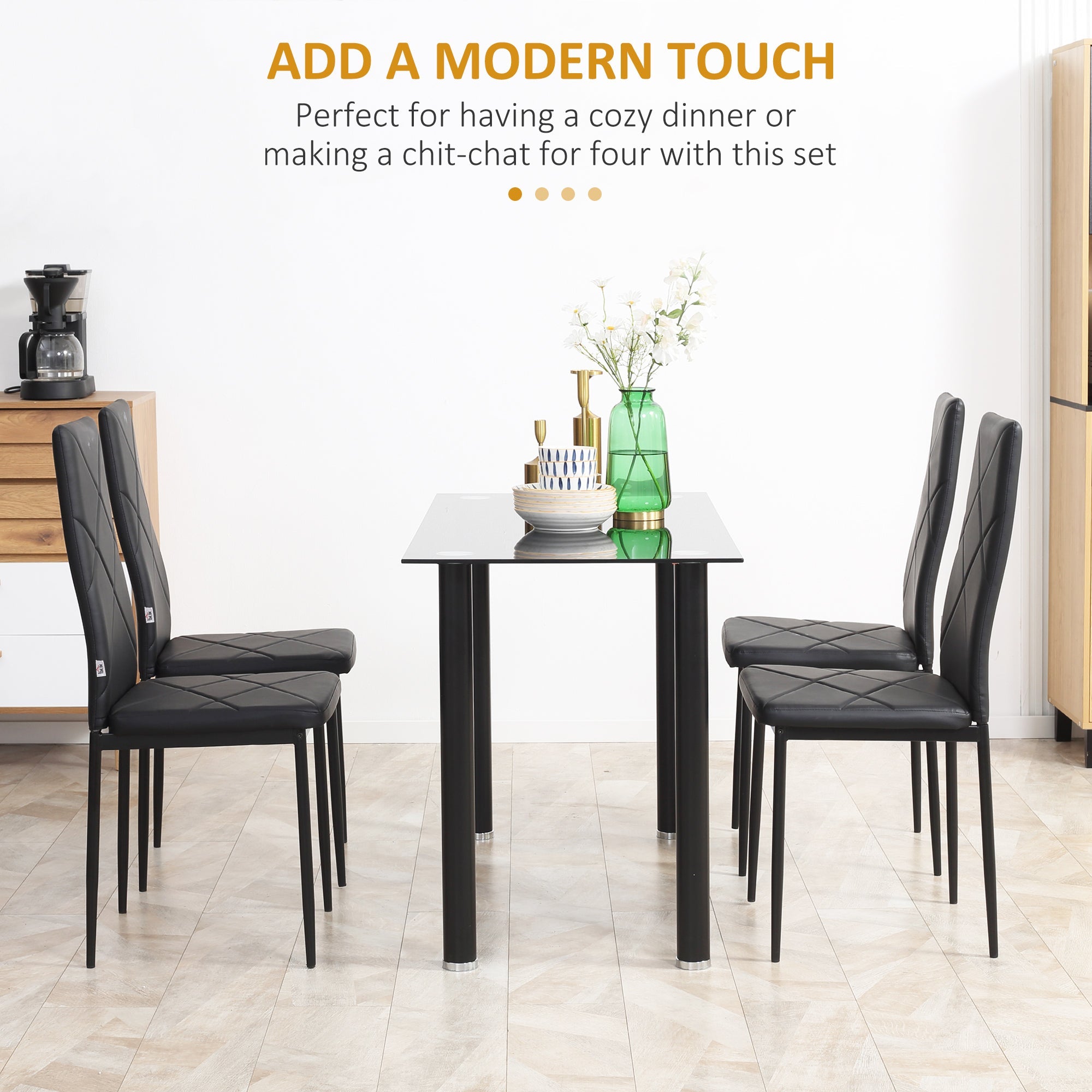 HOMCOM 4-Piece Dining Chair Set Modern High Back Faux Leather Upholstery Steel Legs Black Accent Furniture for Living Room