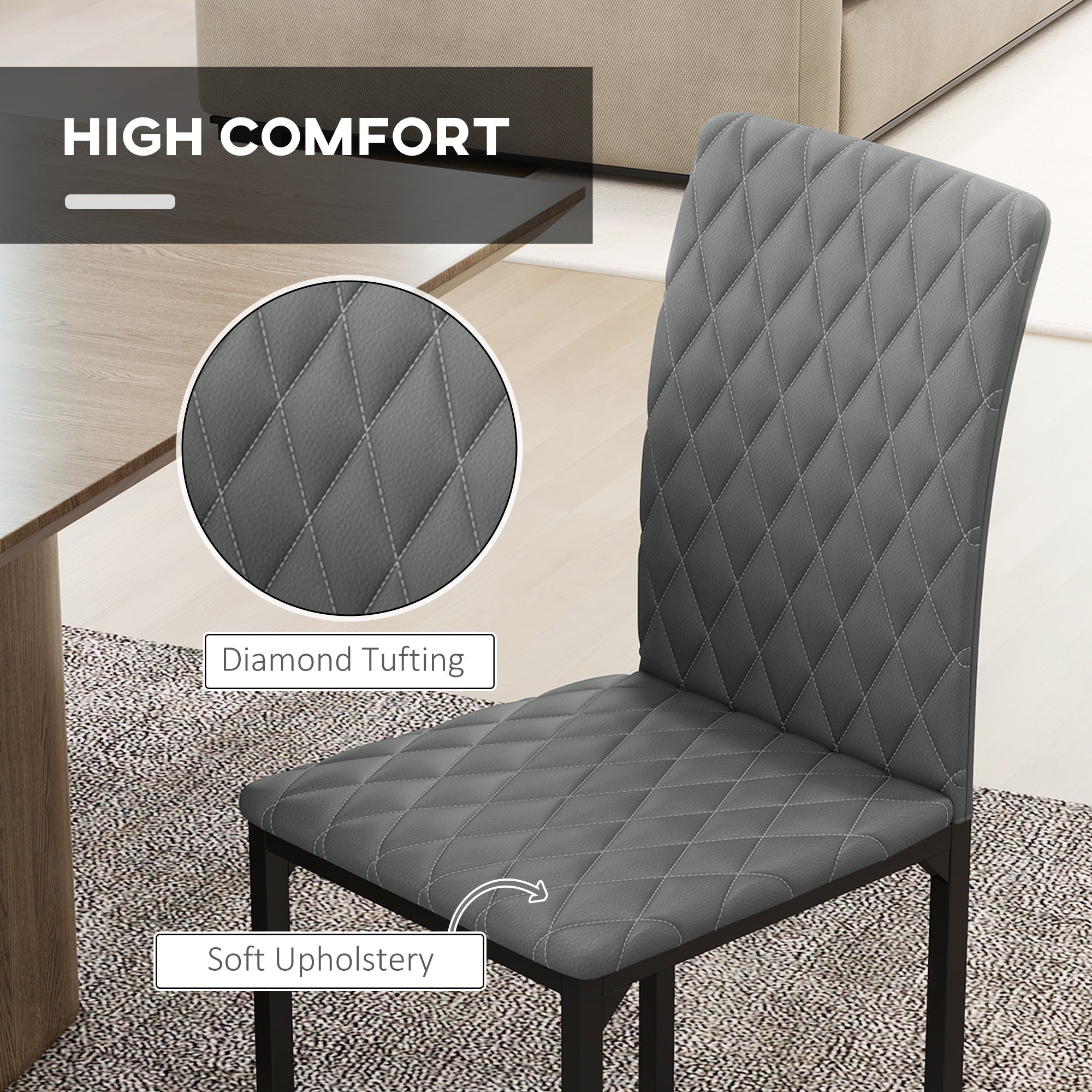 HOMCOM Set of 4 Modern Tufted High Back Dining Chairs Upholstered Seats Steel Legs for Living Room Kitchen Dining Area