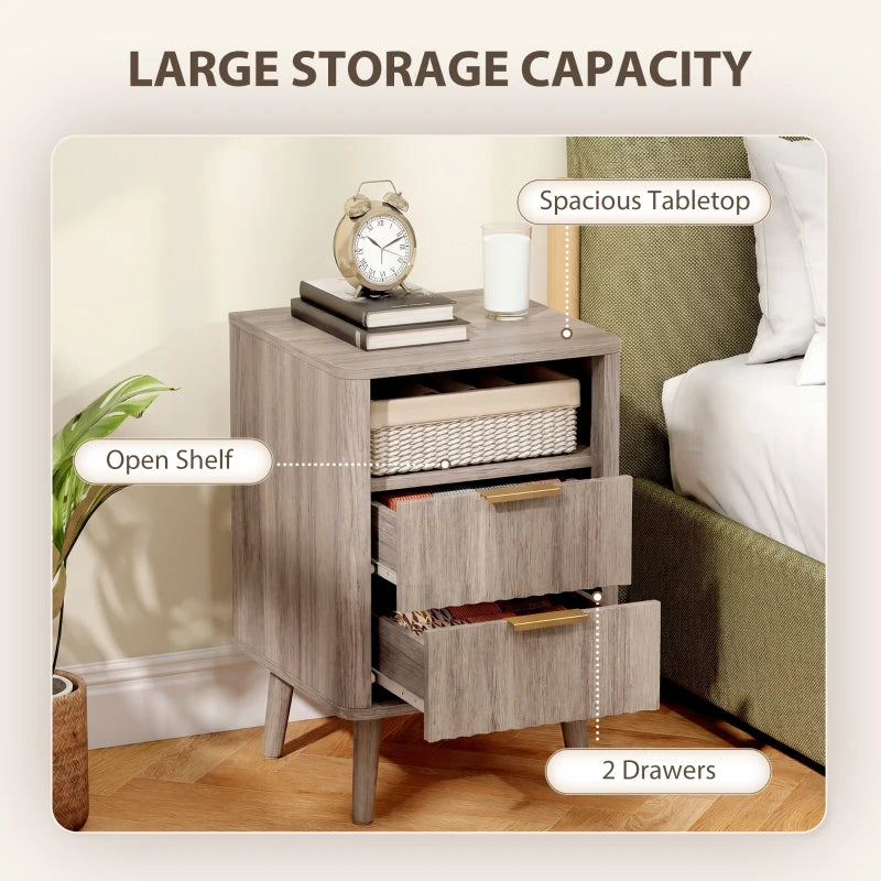 Nightstands Set of 2, Modern Bedside Tables with Charging Station, 2 Drawers and Open Shelf, Grey
