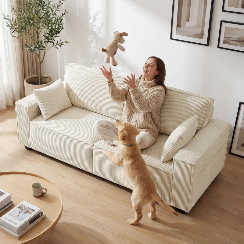 86" 3 Seater Sofa, Modern Corduroy Upholstered Couch, Beige