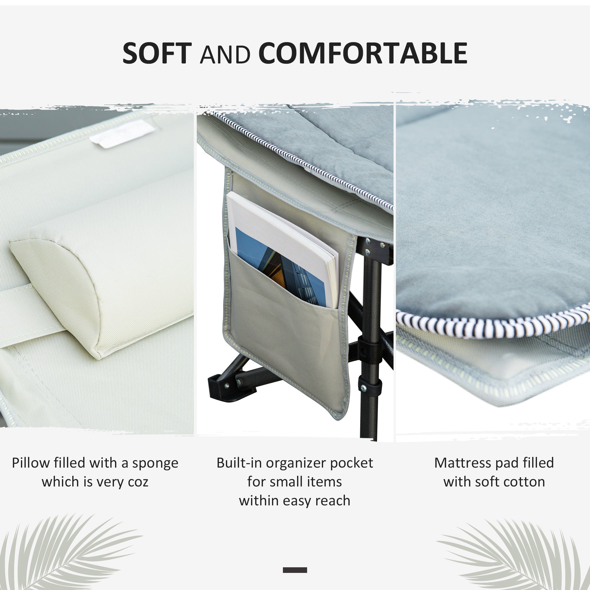 Outsunny Folding Camping Cot for Adults with Mattress Pillow Double Layer Oxford Heavy Duty Sleeping Cot Carry Bag Grey