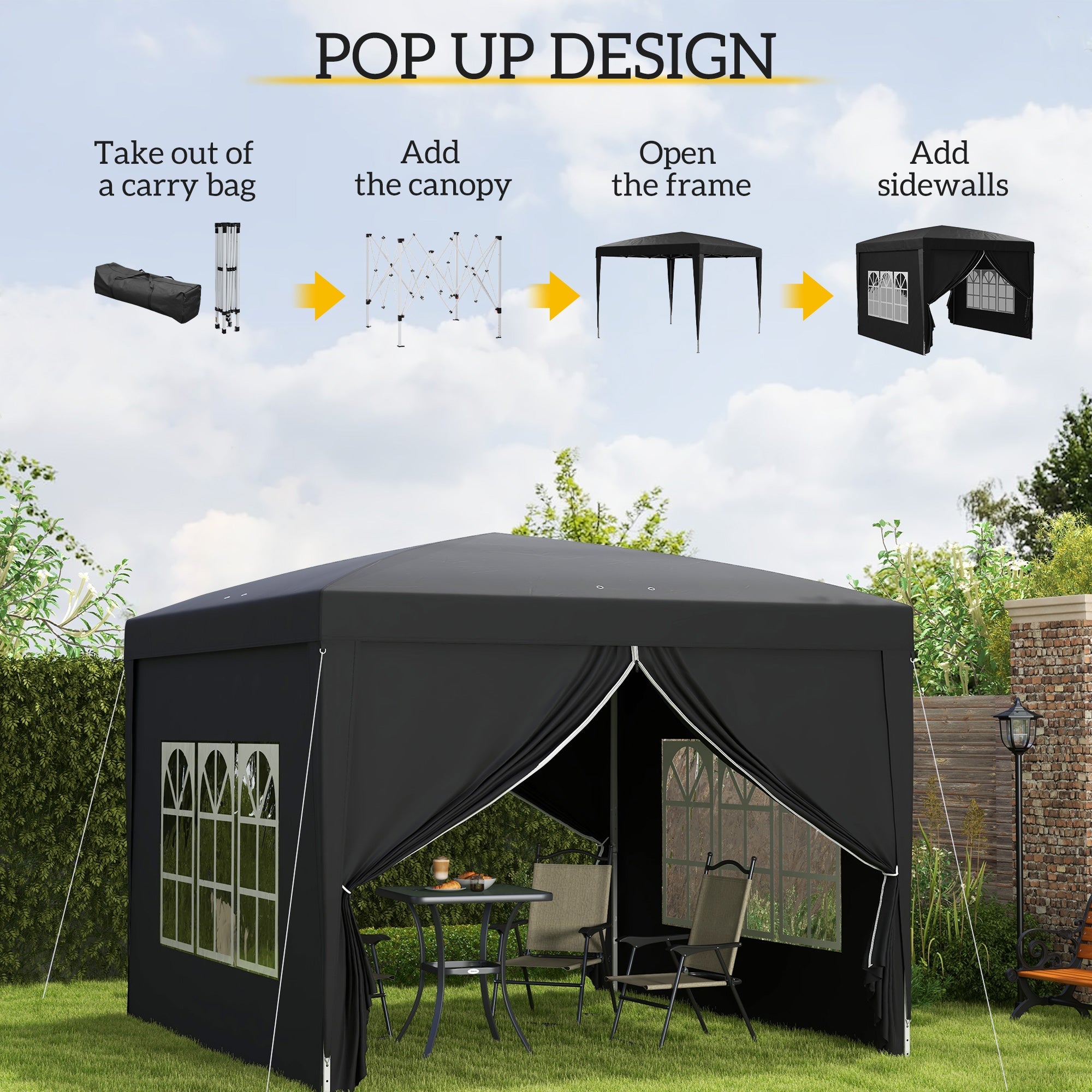 Outsunny 10'x10' Pop Up Party Tent Outdoor Wedding Gazebo Canopy Carrying Bag Black