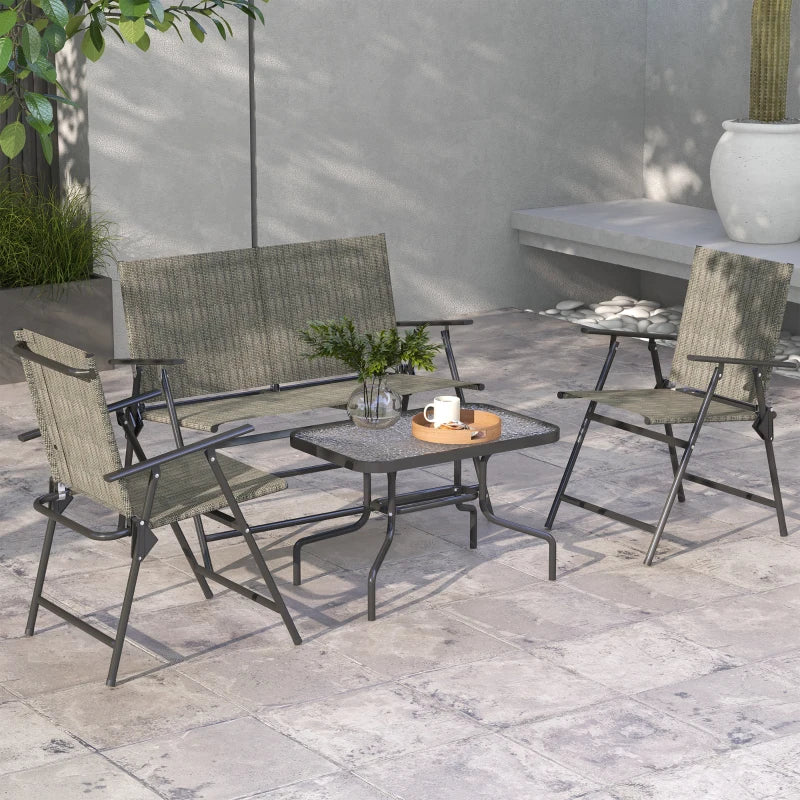 Outdoor 4 Pieces Patio Furniture Set, Garden Set with Two Foldable Armchairs, a Loveseat & Glass Top Table, Mixed Brown
