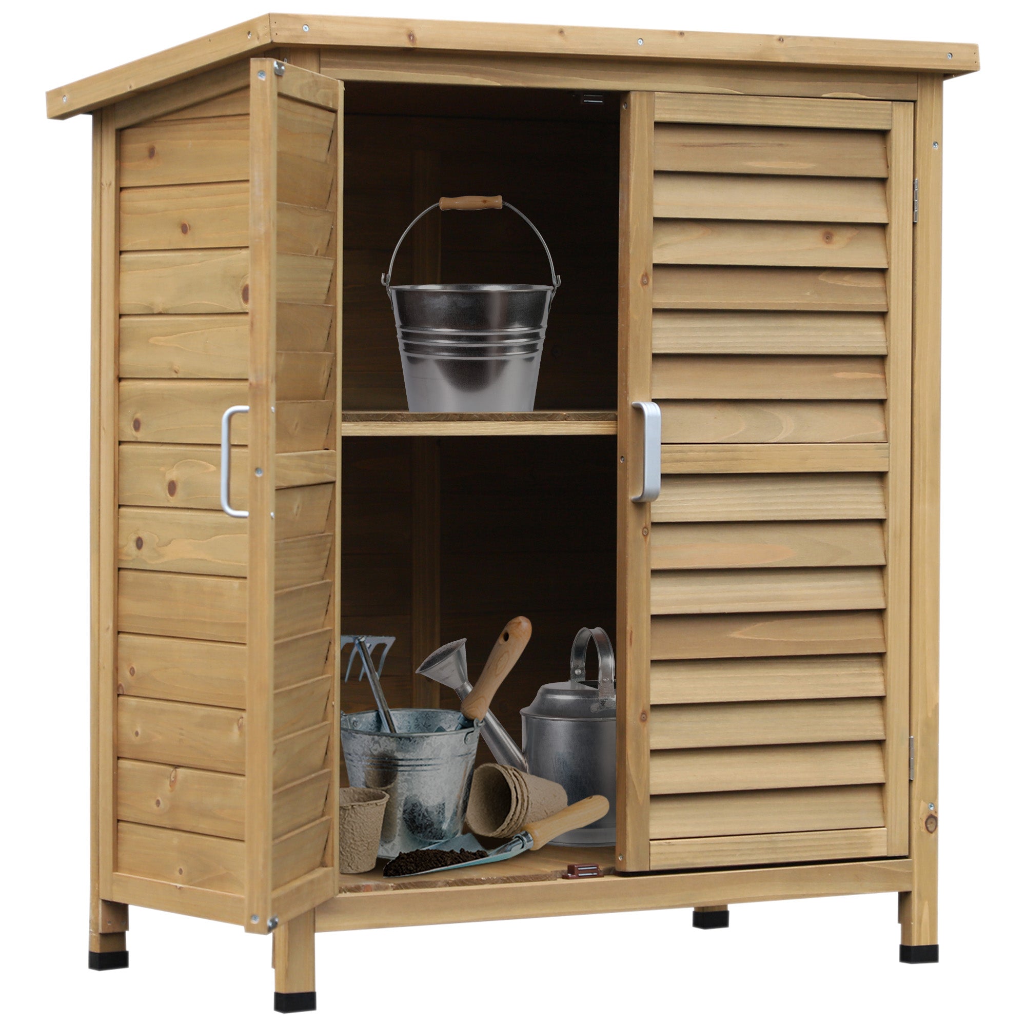 Outsunny Solid Fir Wood Garden Shed - 2 Door Wooden Storage Cabinet for Tools, 34"x18"x38", Natural Finish