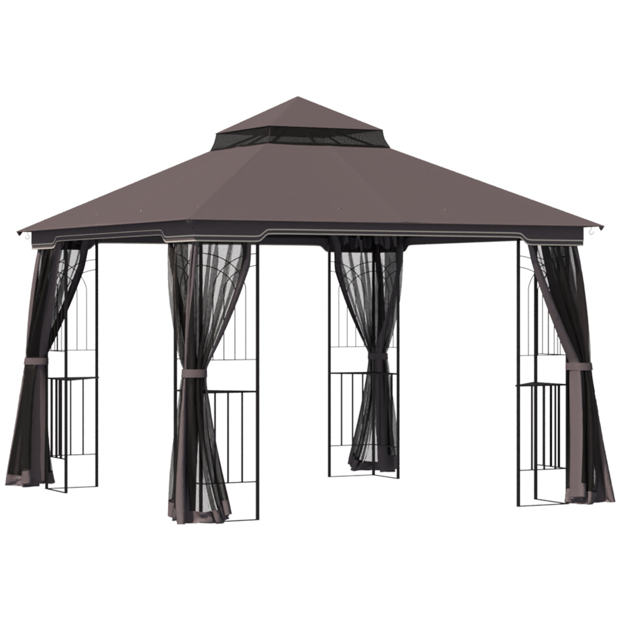 Outsunny 10'x10' Soft-top Patio Gazebo Deck Canopywith Double Tier Roof, Removable Mesh Curtains, Display Shelves, Top Hooks, Coffee