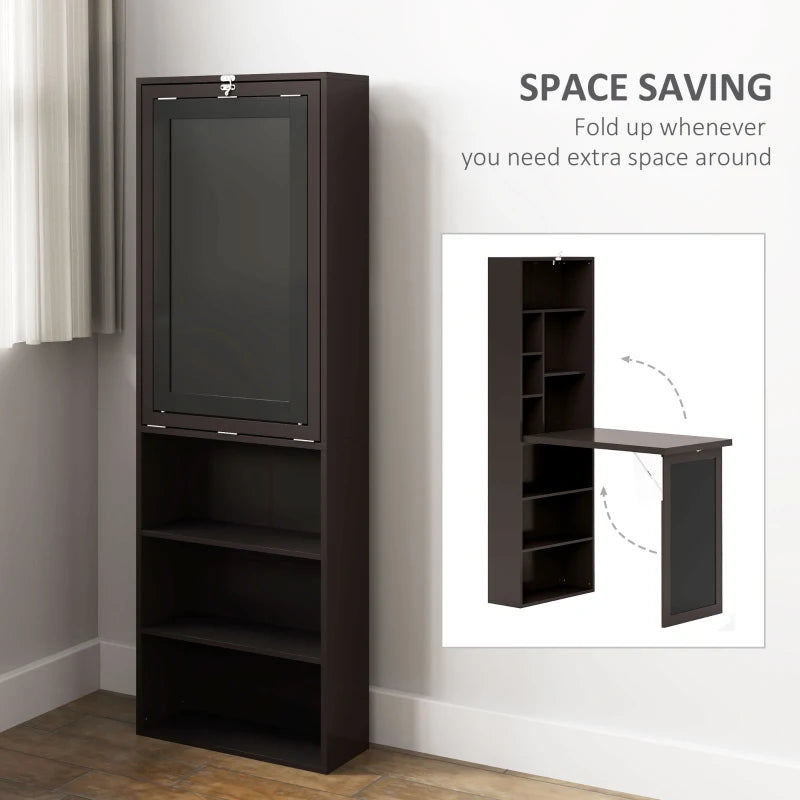 Fold-out Convertible Office Desk, Wall Mount Computer Desk with Blackboard and Side Shelf, Brown