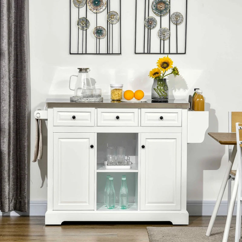 Kitchen Island on Wheels with Stainless Steel Top, Spice Rack, Drawers, Rolling Bar Cart with Storage, White