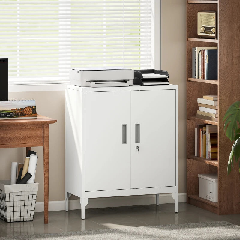 Office Storage Cabinet with Lock, Filing Cabinet with Adjustable Shelves and Doors for Home Office, Garage, White