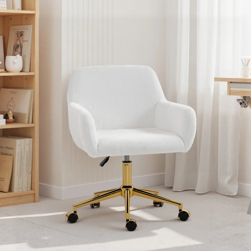 Office Chair, Faux Rabbit Fur Upholstered Vanity Desk Chair, Cream White