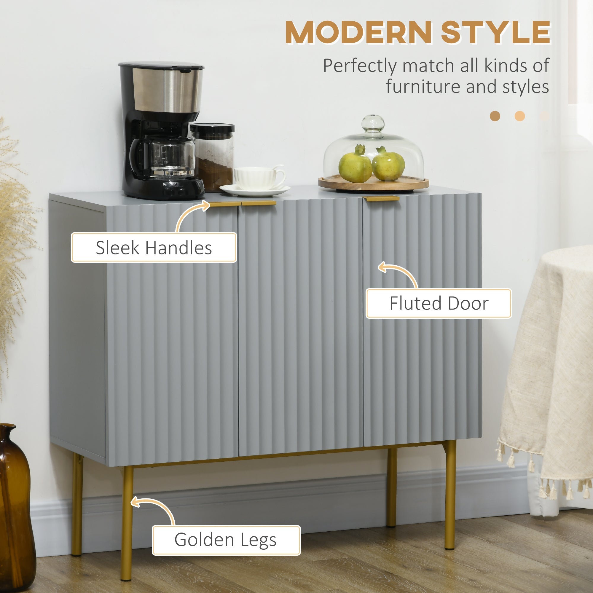 HOMCOM Sophisticated Sideboard: Grey Buffet Cabinet with Gold Legs for Dining Room, Living Room, Hallway Elegance
