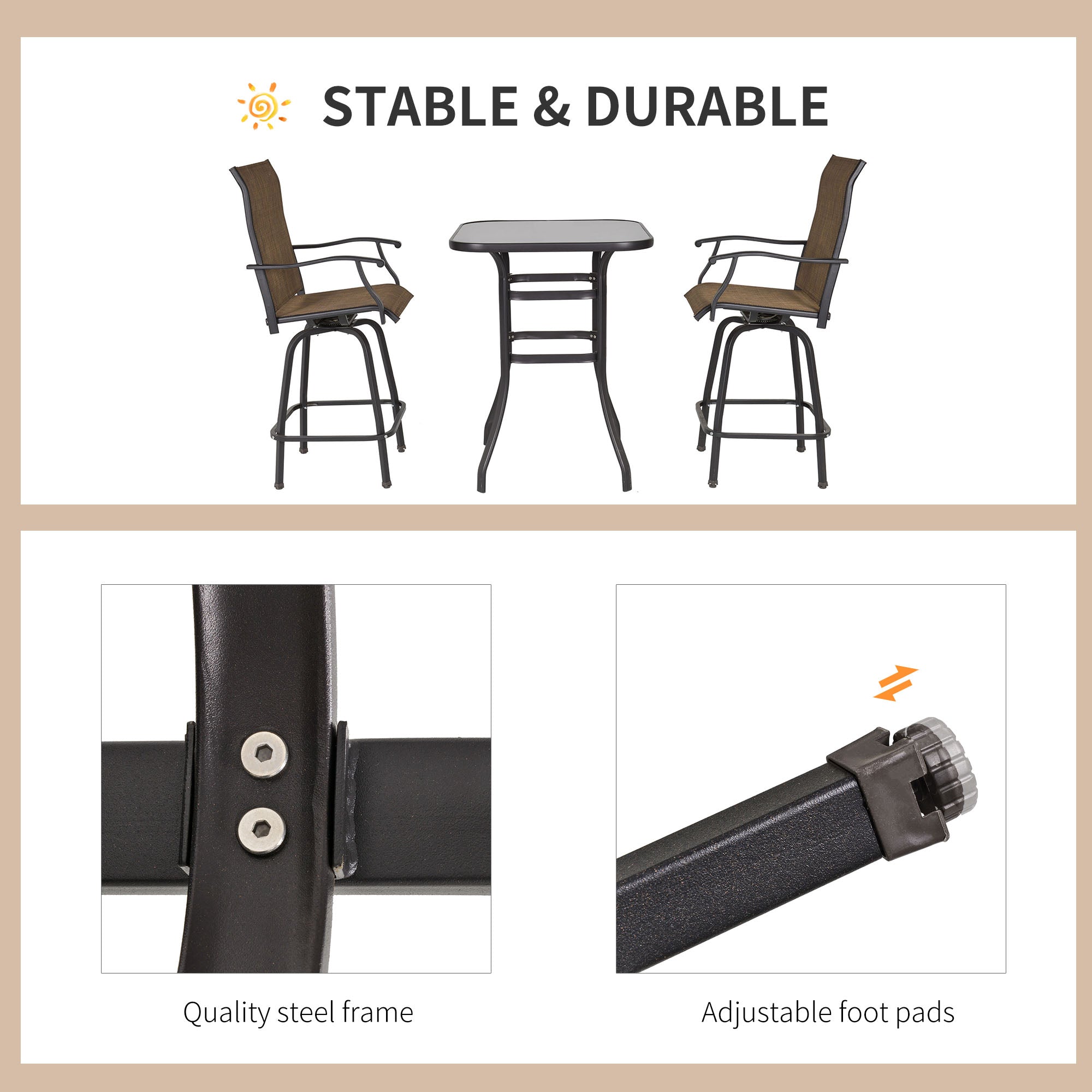 Outsunny 3 Piece Outdoor Patio Bar Set 2 Swivel Stool and 1 Bistro Table All-Weather Metal Frame for Balcony Backyard Deck Brown
