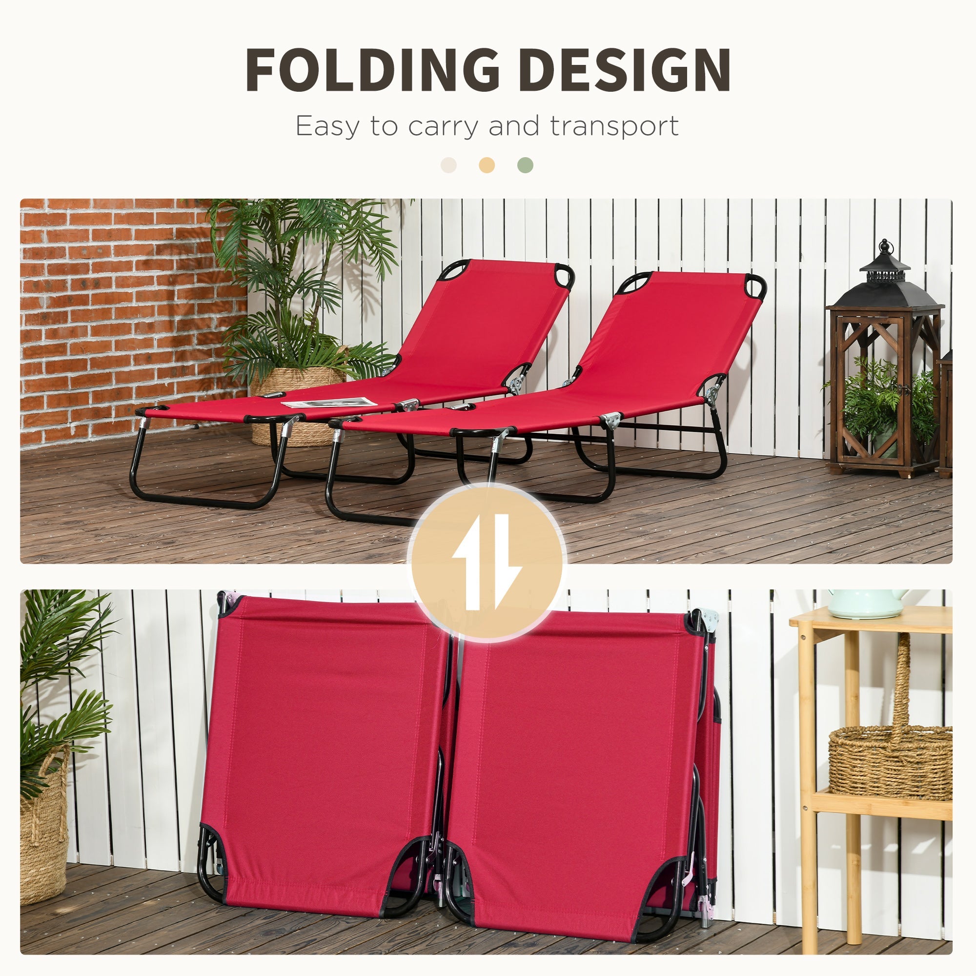 Outsunny Folding Lounge Chairs Set of 2 Outdoor Recliner for Sun Tanning Breathable Mesh Beach Patio Red