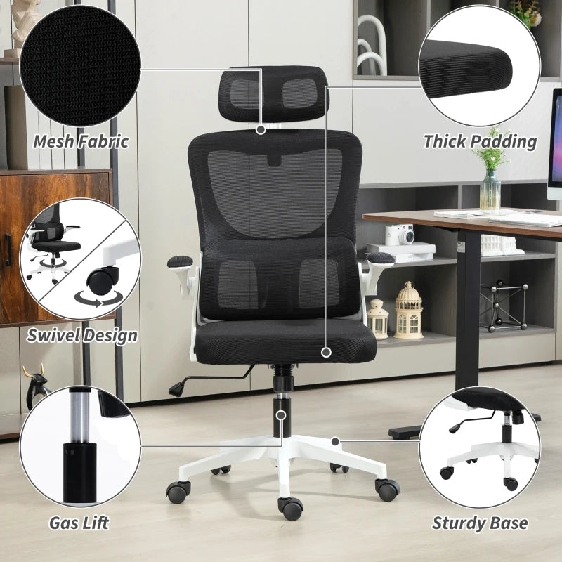 High Back Office Chair, Mesh Computer Desk Chair with Rotatable Headrest, Lumbar Back Support, Adjustable Height, Black