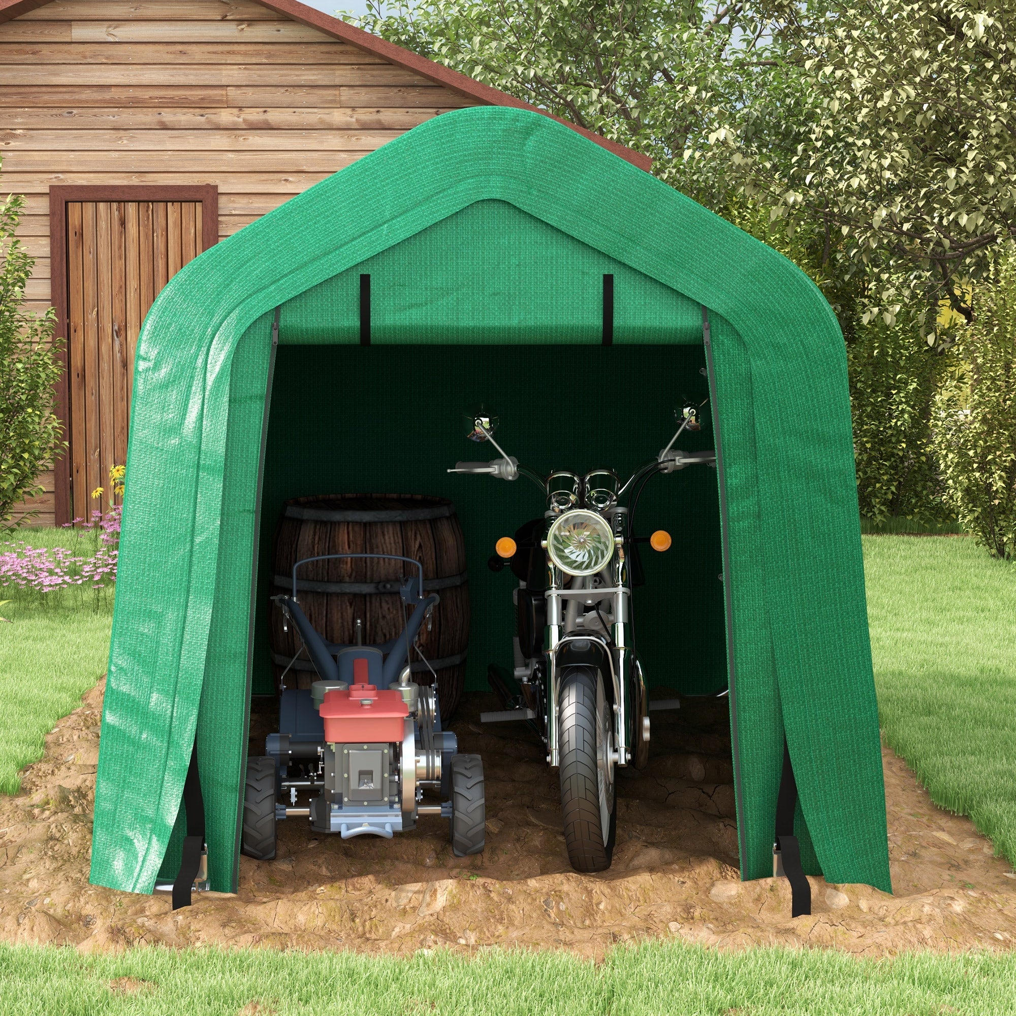Outsunny 8x6 Carport with Roll-up Door Green Outdoor Carport Tent with Steel Frame for Motorcycle & Car