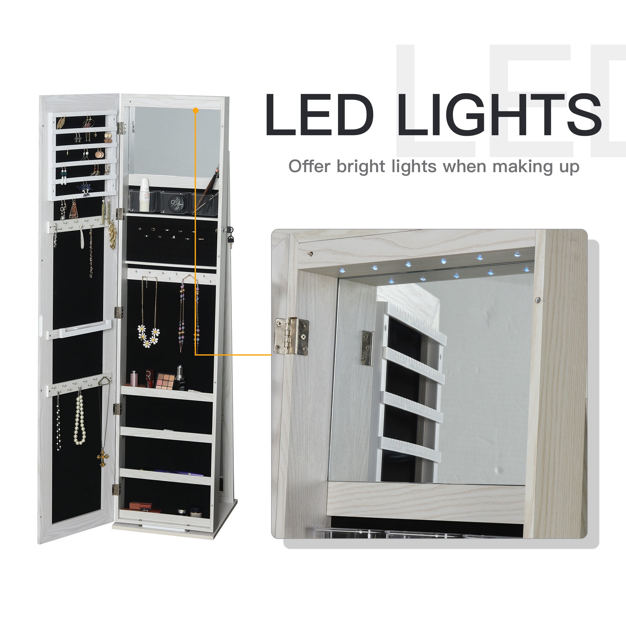 HOMCOM Lockable Jewelry Cabinet Standing Armoire Full Length Mirror LED Lights White Jewelry Organizer