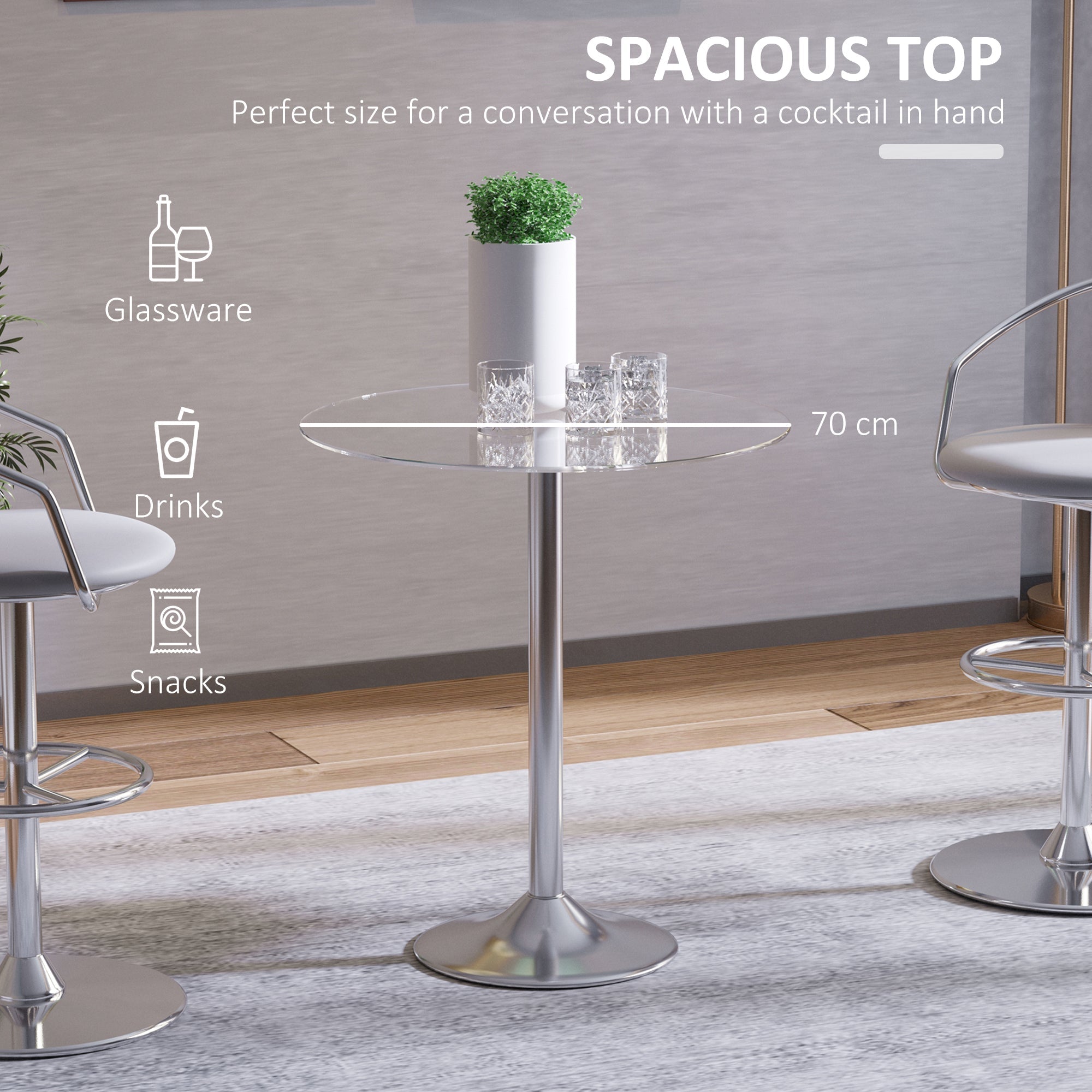 HOMCOM Compact Dining Delight: Round Pub Table with Tempered Glass Top, Silver Metal Base for Small Spaces