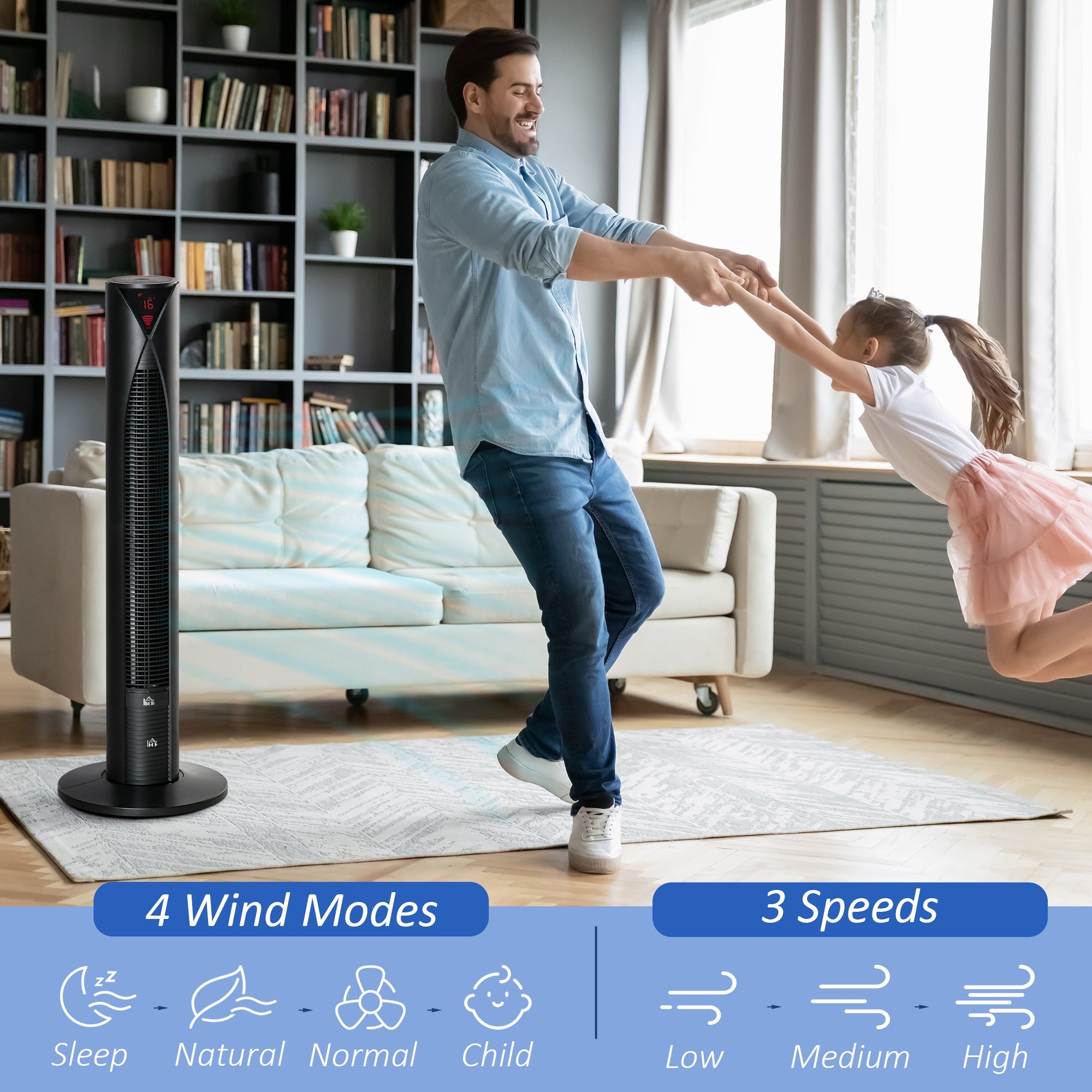 HOMCOM Tower Fan Oscillating 3 Speed 12h Timer LED Remote Control Cooling for Bedroom Home Black