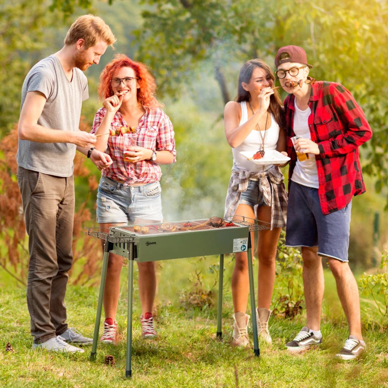 Portable BBQ Grill, Charcoal Grill with Side Seasoning Baskets, Hooks and Nets for Outdoor, Picnic, Camping, Dark Green
