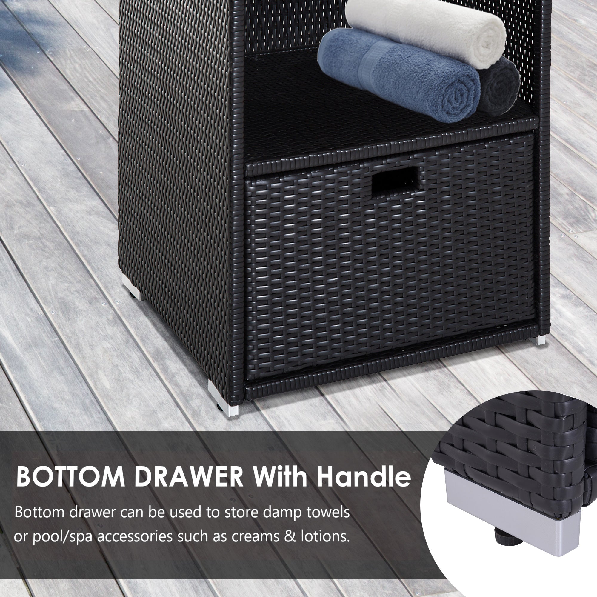 Outsunny Wicker Rattan Towel Valet Organizer Poolside 2 Shelf 1 Drawer Storage
