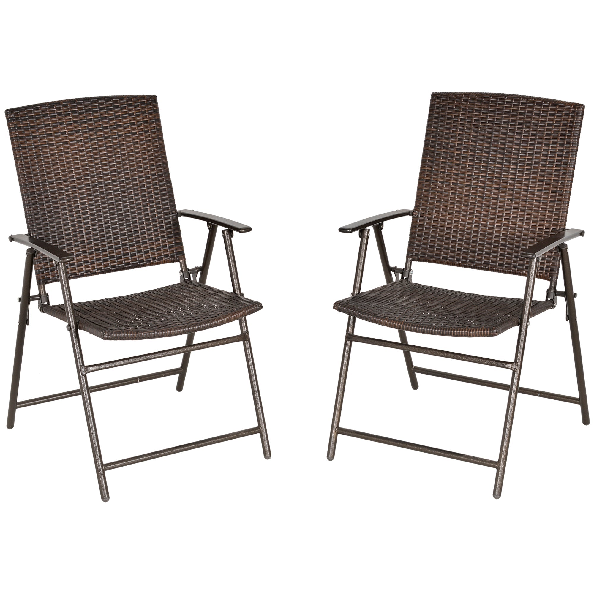 Outsunny Brown Rattan Outdoor Wicker Dining Chair Set of 2 Foldable with Steel Frame for Garden Backyard Porch