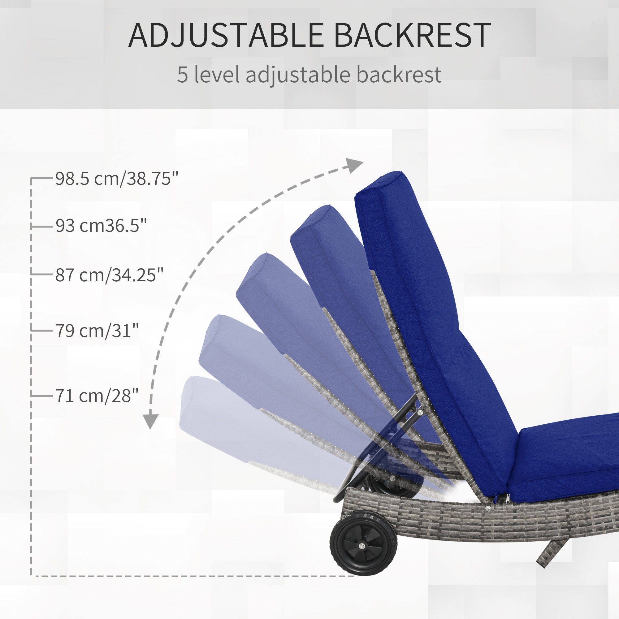Outsunny Adjustable Wicker Chaise Lounge Chair Outdoor with Cushion Wheels for Patio Deck Poolside Dark Blue